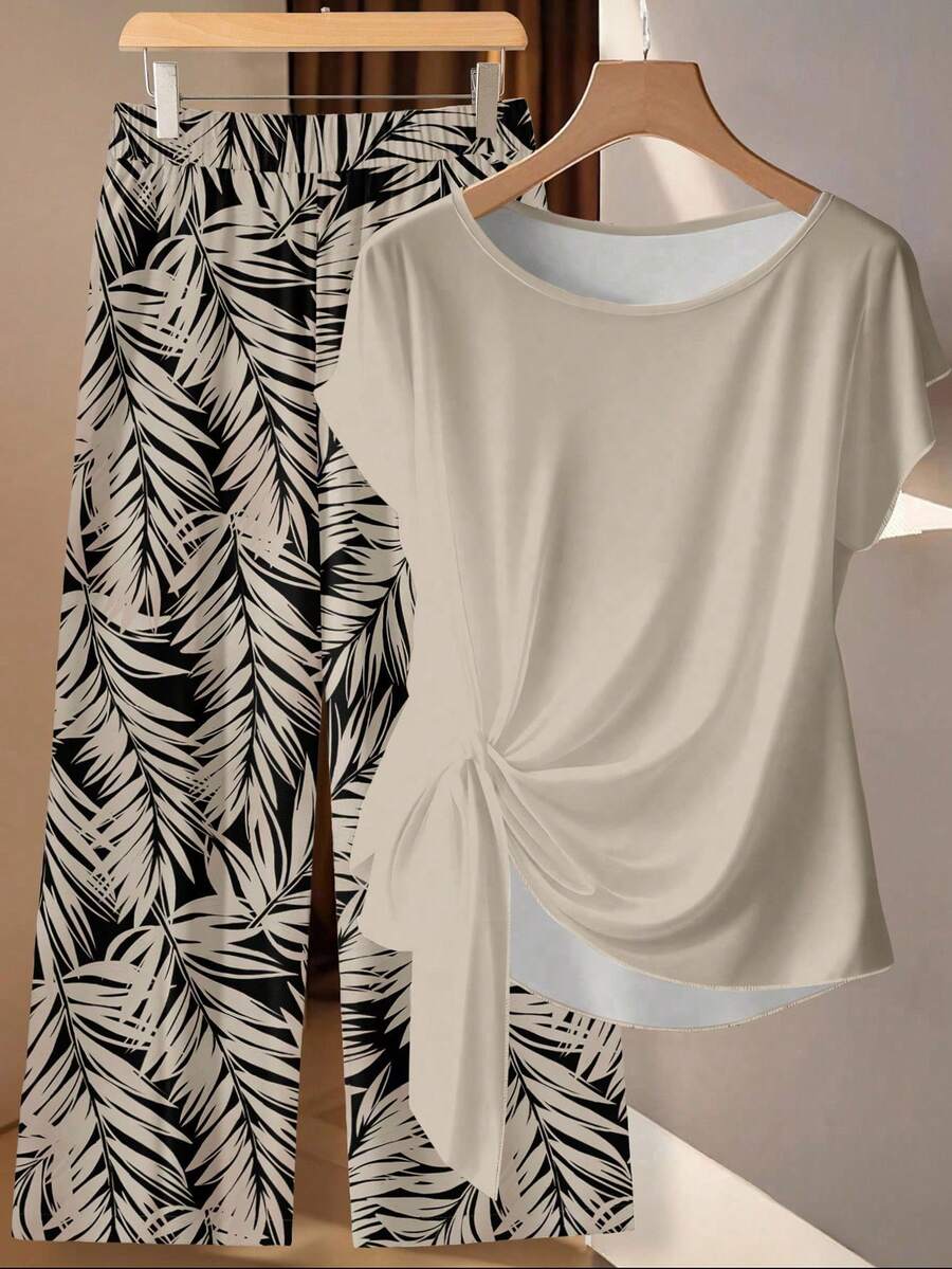 SHEIN Clasi 女士卡其色系带蝴蝶结衬衫和直筒裤两件套 - 彩色 - 查看 1