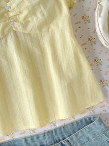 SHEIN Tween Girls' Elegant Solid Color Lace Patchwork Ruffle Collar Short Sleeve Blouse, Suitable For Spring/Summer, Vacation, Casual, Home, BM Style - Yellow - View 4