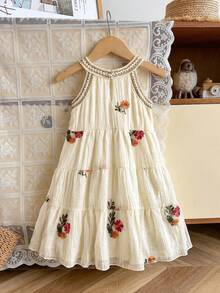 SHEIN Genkimix Kids Girls Floral Embroidered Crochet Trim Elegant Princess A-Line Halter Dress, Summer - Apricot - View 2