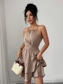 Elenzga 女士优雅串珠蝴蝶结无袖修身喇叭迷你连衣裙，卡其色，春夏款 - 卡其色 - 查看 4