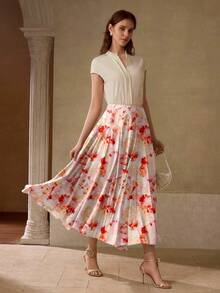 MOTF PREMIUM WOMEN'S SPRING/AUTUMN VACATION STYLE FLORAL PRINT FLARE HEM SKIRT - Multicolor - View 3