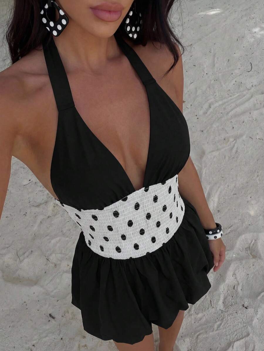 Bonvoyette Mesh Polka Dot Print Sexy Deep V-Neck Halter Backless Ruffle Maxi Dress, Women's Summer Dress, Party Dress, Beach Dress, Black Dress, Wedding Guest Dress, Romantic Dress, Trending Summer Dress, Fashion Dress, Miami Summer Girl Vibe, Going Out Dress, Backless Dress, Formal Dress, Birthday Dress Bathing Suits For Women Polka Dot Summer Festival Outfits For Women Party Outfit,Beach Outfits Elegant Dresses For Women Wow Dress Y2k Dresses Women's Summer Outfits
