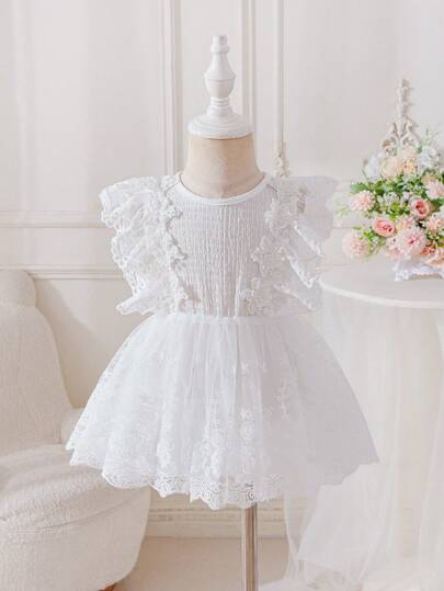 SHEIN Glamorique Kids 女婴优雅迷人白色无袖花卉蕾丝收腰奢华蓬蓬裙