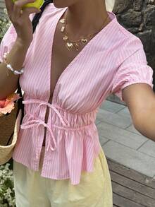 Livesso Countryside Style Holiday Easter Party Summer Vacation Pink Striped Petal Sleeve Tie Waist Women Blouse - Pink - View 8