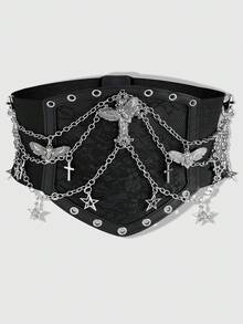 ROMWE Goth 1件装女士黑色蕾丝链条骷髅交叉系带装饰弹力腰带哥特风连衣裙配饰万圣节 - 黑色氣眼蕾絲束腰 - 查看 2