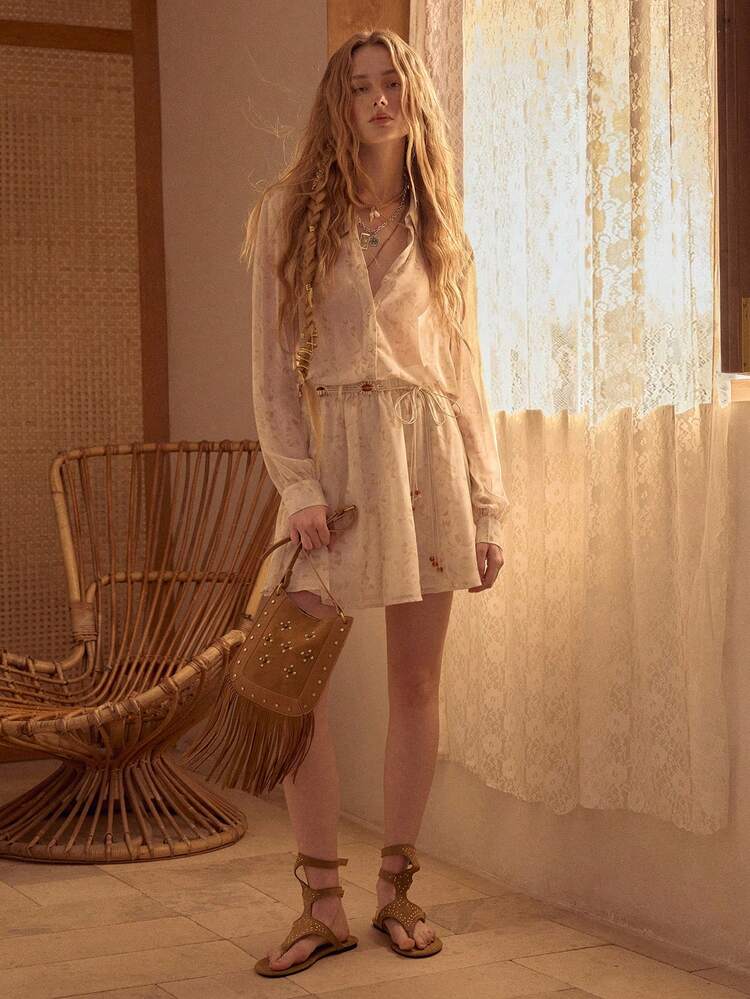 MOTF STUDIO WOMEN'S SPRING/SUMMER FULL PRINT LONG SLEEVE SHEER BLOUSE AND BELTED SHORTS 2 PIECES SET