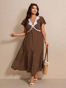 Elaquor Plus Size Women's Contrast Lace Polka Dot Ruffle Sleeve Elegant 70's 80s Midi Dress Summer Holiday New Arrivals Western Outfits Brown Party - Brown - View 4