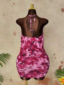 Sunspun Plus Size Women's Pink Floral Mesh Boho Summer Vacation Dress, Plunge Neckline Tassel Tie Waist Bodycon Mini Dress,Holiday Beach Casual Maxi Dress - Multicolor - View 2