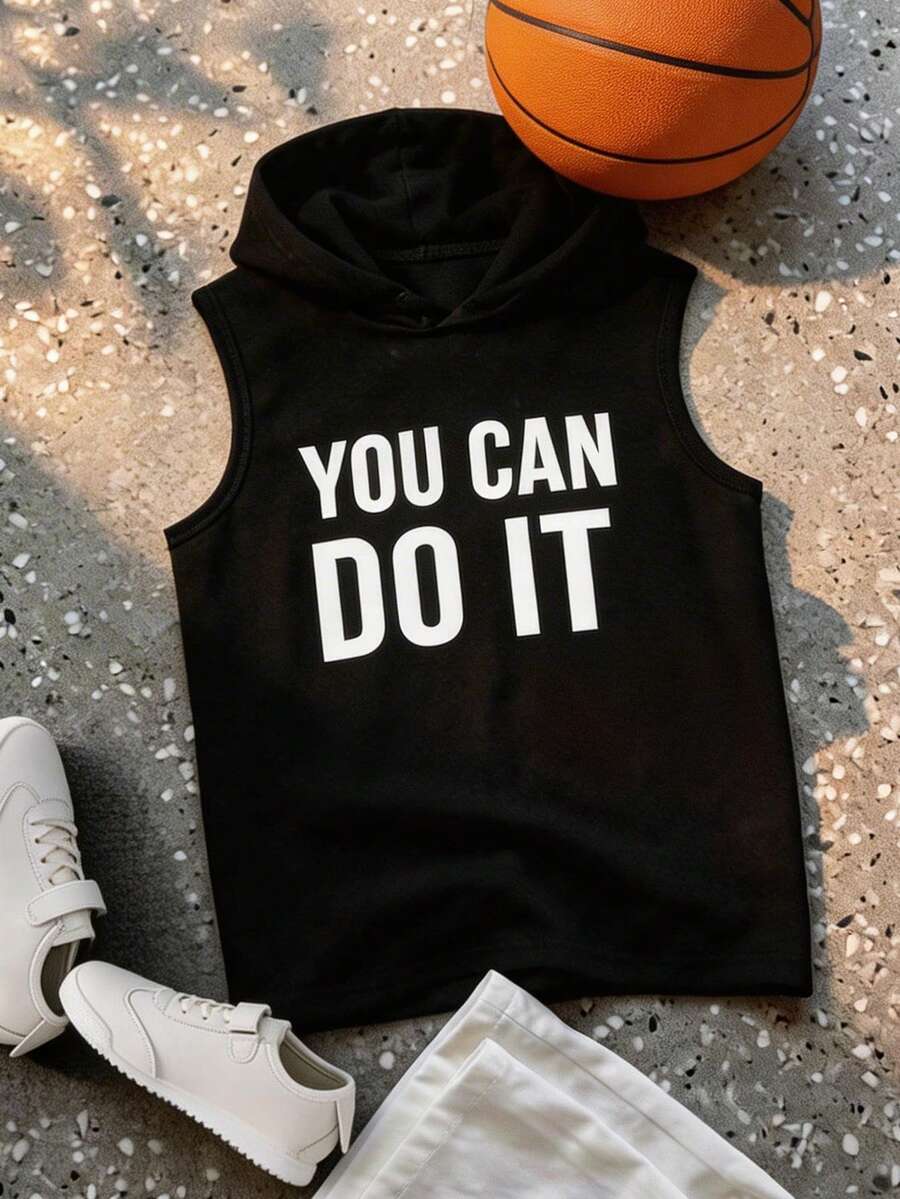 Camiseta sin mangas con capucha informal y deportiva de primavera/verano para niños preadolescentes en negro y blanco con eslogan "TÚ PUEDES HACERLO" - Negro - Ver 1