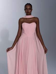 Elitara Đầm chiffon thanh lịch với họa tiết xếp ly, chân váy maxi bồng bềnh không dây vai có đuôi dài, thích hợp cho các buổi hẹn hò, kỳ nghỉ và các dịp trang trọng. - Hồng - Xem 2