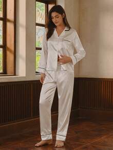 Bisouelle Bộ đồ ngủ mùa đông thanh lịch gồm áo tay dài và quần dài cài cúc phía trước, viền tương phản, thích hợp cho mùa đông. - trắng - Xem 4