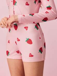 SHEIN 草莓图案单排扣长袖休闲女式睡衣连体裤，舒适优雅细节，秋冬款 - 西瓜粉 - 查看 8