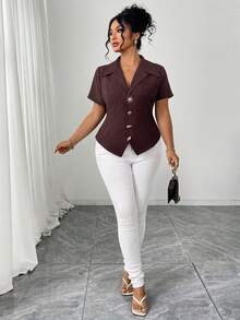 SHEIN Elenzya Plus Size Women's Spring/Summer Burgundy Elegant Asymmetrical Metal Button Lapel Short Sleeve Blouse - Brown - View 6