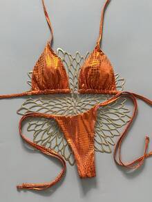 Swim Vcay Bộ đồ bơi mùa hè đi biển 2 món dành cho nữ, họa tiết da báo ngẫu nhiên, phụ kiện vàng, áo yếm và bikini buộc dây bên hông. - Màu Cam cháy - Xem 13