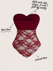 Olithes 女士红色撞色蕾丝下摆休闲抹胸上衣，适合外出、通勤、日常穿着、度假、假日穿着。 - 紅色 - 查看 2