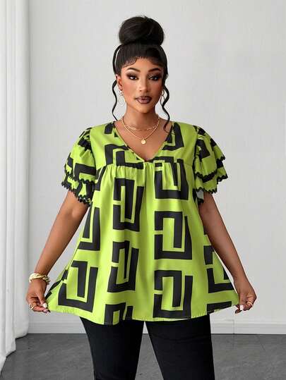 Maweii Áo kiểu dáng rộng rãi hai lớp, dây đeo, cổ chữ V, họa tiết hình học, phối nhiều lớp, dành cho nữ cỡ lớn, mùa hè.