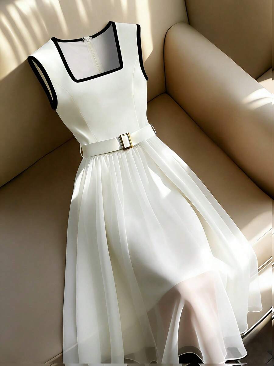 Franclia 法式浪漫优雅方领白色女士连衣裙，黑色滚边下摆和网纱拼接，白色女士连衣裙，配浅金色搭扣腰带，优雅长款女士连衣裙 - 白色 - 查看 1