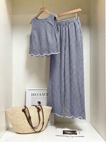 SHEIN Frenchy Bộ đồ nữ kẻ caro cổ tròn và quần ống rộng, kiểu dáng thường ngày, gồm 2 món. - Màu xanh hải quân - Xem 4