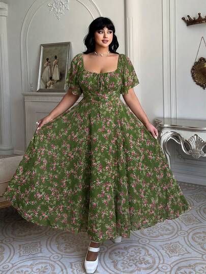 Lyrianda Vestido de verano casual, romántico y con estampado floral ditsy para mujer de talla grande