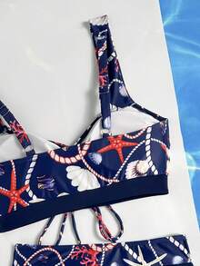 Swim Lushoire Conjunto de bikini con estampado de conchas multicolor y cordón frontal, adecuado para la playa y el resort - Multicolor - Ver 5