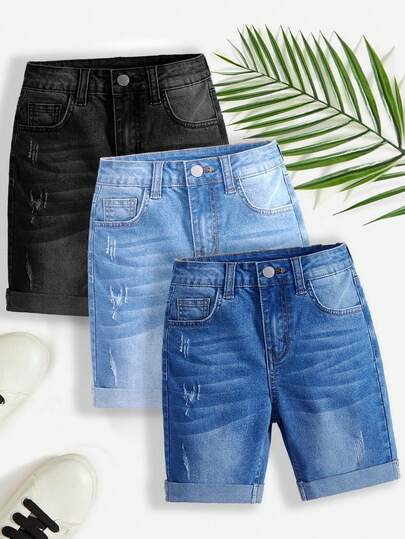 SHEIN Tween Boy 3pcs/Set Comfortable Simple Base Black Medium Blue Light Blue 3 Pieces Stretch Tight Denim Shorts For Kids Clothes Boys Soft Dailywear And Kids Summer And Spring Clothes Boys Jean Shorts, School, Campus, College