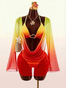 Amplova 3pcs Women's Sexy Halter Bikini Set - Top, Bottom, And Cover-Up Summer Beach Vacation Bathing Suit - Multicolor - View 3