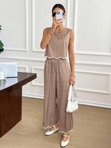Serisse Bộ đồ 2 món dành cho nữ: Áo tank top cổ tròn, vạt bất đối xứng, thêu sọc và quần dài có túi, thích hợp cho kỳ nghỉ. - màu nâu - Xem 5