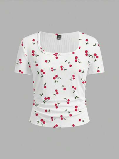 Slaydiva Plus Size Summer Casual Cherry Print T-Shirt