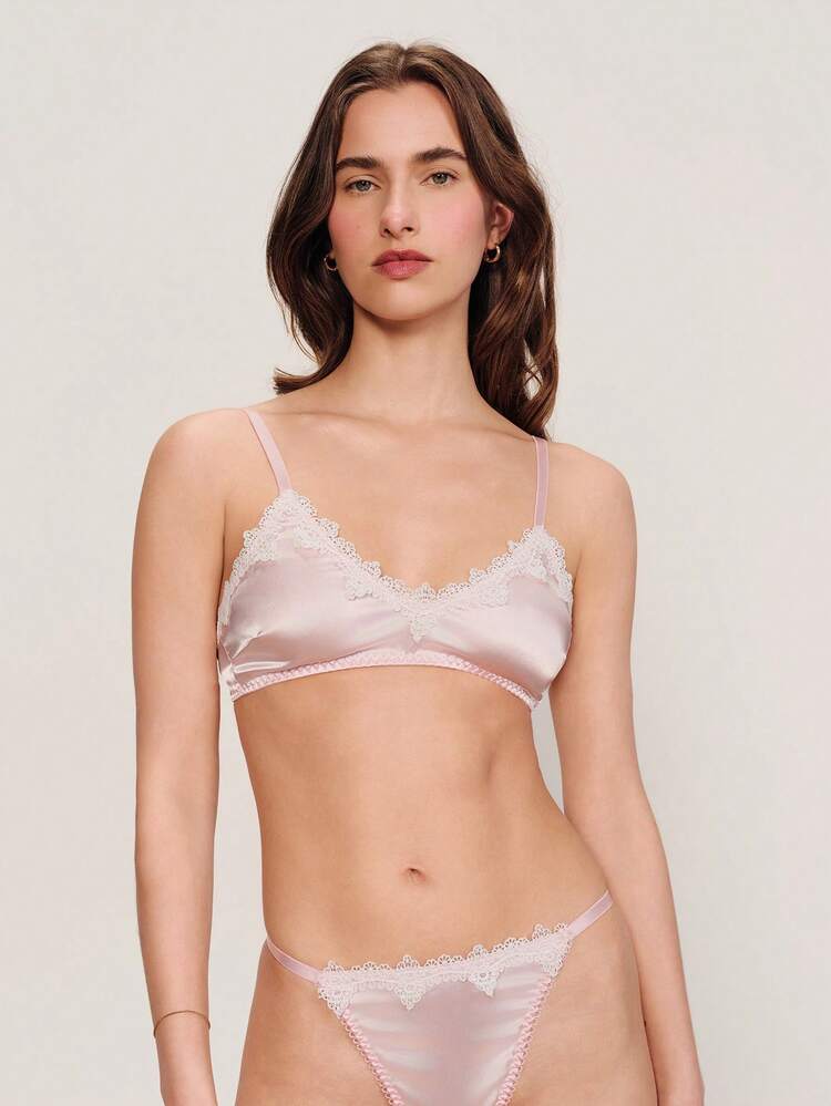 Set di lingerie rosa con dettagli in pizzo bianco e tanga abbinato, set di lingerie in raso chic e sexy, stile francese e parigino, adatto per primavera ed estate