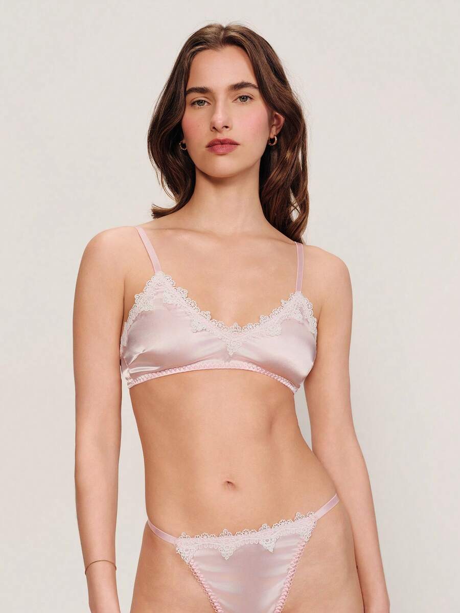 lacRébo Bộ đồ lót màu hồng với chi tiết ren trắng và quần tanga cùng màu, bộ đồ lót satin gợi cảm, phong cách Pháp, Paris, mùa xuân hè. - Màu Hồng baby - Xem 1