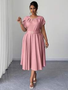 Maweii Modern Plus Size Pink A Line Dress Women's Elegant Keyhole Neck Batwing Short Sleeve Midi Flared Plain Cut Out Design - Pink - View 1