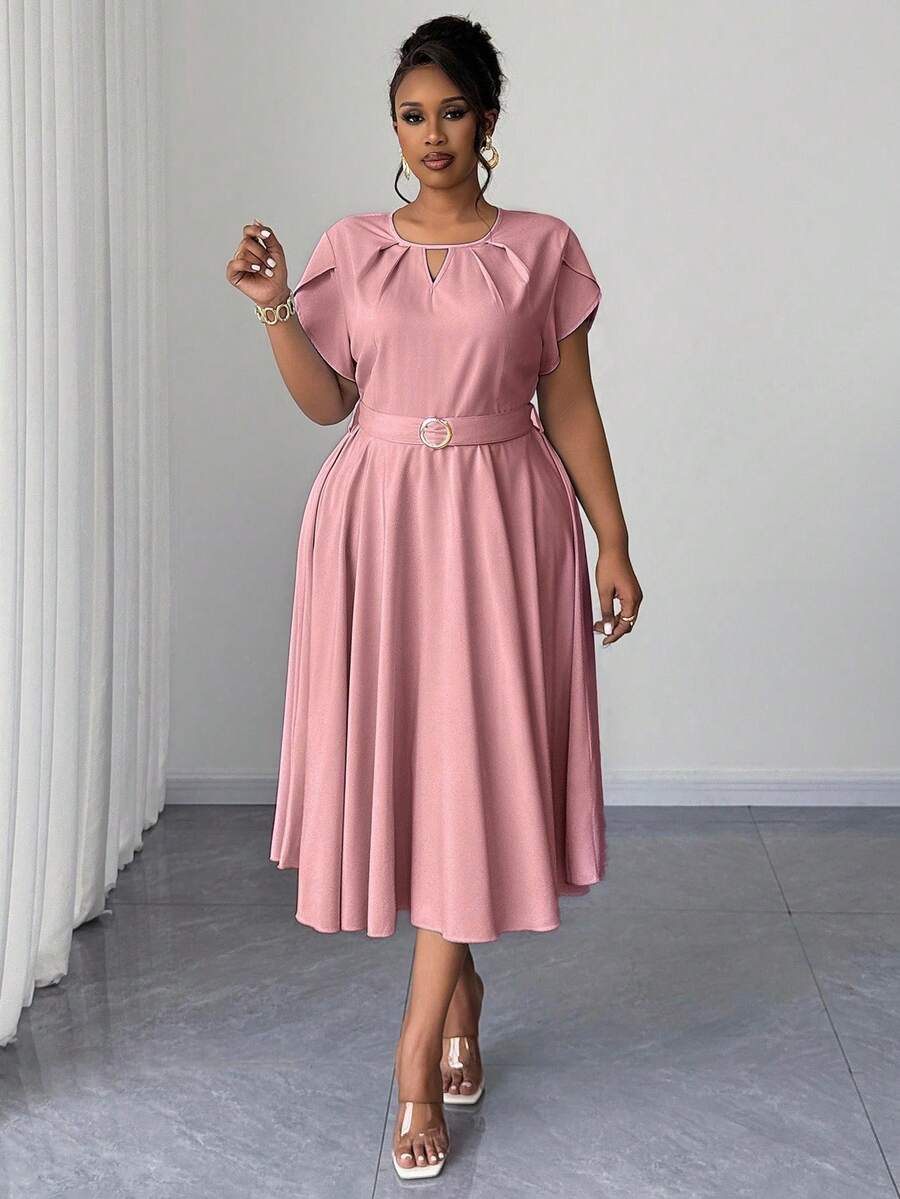 Maweii Modern Plus Size Pink A Line Dress Women's Elegant Keyhole Neck Batwing Short Sleeve Midi Flared Plain Cut Out Design - Pink - View 1