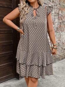 EMERY ROSE Plus Size V-Neck Ruched Flare Sleeve A-Line Mini Dress,Geometric Pattern,Casual Ruffled Hem Beige Summer Boho Vacation Holiday Beach Resort Women - Multicolor - View 5