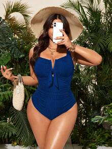 Swim Lushoire Plus Size Women's Wide Ribbed V-Neck Tie Waist Ruched Slimming One-Piece Swimsuit, Suitable For Beach And Pool - Navy Blue - View 3