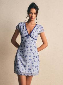 Poéselle Women's Floral Print V-Neck Casual Short Sleeve Mid-Length Dress Summer Dresses For Women Spring Outfits For Women Dresses Picnic Dresses For Women New Arrival Dress For Women Casual - Blue - View 5