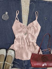 Franclia Áo camisole nữ màu trơn, buộc dây phía trước, chất liệu chiffon, kiểu dáng thời trang. - Hồng - Xem 3