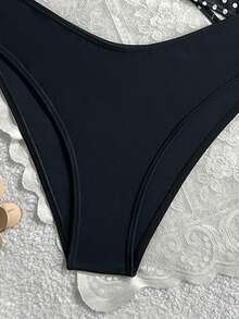 SHEIN 4pcs/Set Teen Girl Summer Beach Vacation Polka Dot Pattern + Solid Black Camisole Bikini - Black - View 5