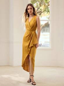 MOTF PREMIUM Đầm nữ cổ chữ V, chất liệu 100% linen, kiểu dáng vạt chéo, thích hợp cho hẹn hò và nghỉ dưỡng, mùa xuân/hè. - màu nâu - Xem 4