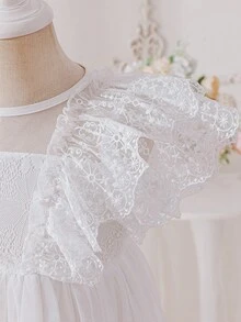Glamorique Kids Đầm tay ngắn cổ tròn phối ren lưới tương phản thêu hoa mới cho bé gái mùa xuân/hè. - trắng - Xem 4