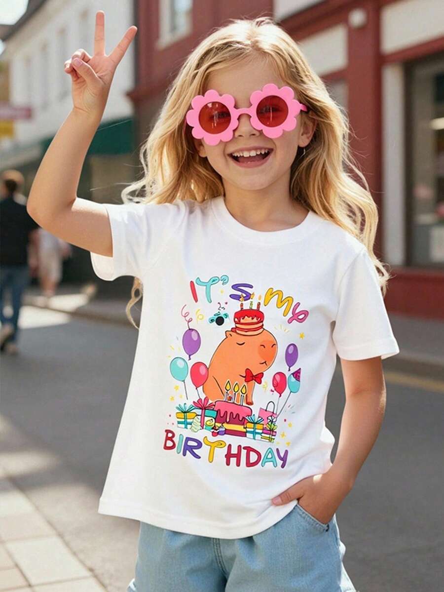 1pc Baby Girls' Digital Print Round Neck Short Sleeve T-Shirt, Spring/Summer - White - View 1