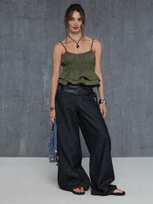 COUREZ Quần jeans skater cạp thấp có dây điều chỉnh phía sau, màu wash/y2k, trang phục mùa hè cho nữ, quần jeans đen, quần jeans rộng, trang phục lễ hội, trang phục đi xem hòa nhạc, trang phục mùa xuân cho nữ. - màu đen - Xem 2
