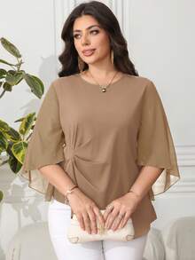 Reflora Áo sơ mi nữ cỡ lớn cổ tròn trơn, kiểu dáng công sở thường ngày, áo sơ mi chiffon cho giáo viên nữ. - Màu Khaki - Xem 3