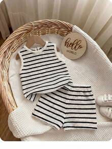 Bộ đồ mùa hè dễ thương cho bé gái, kiểu dáng thường ngày, kẻ sọc, áo hai dây và quần short thắt nơ. - Đen và trắng - Xem 3