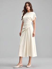 Ontre 女士褶裥腰部喇叭白色连衣裙，现代优雅婚礼宾客装扮，简约浪漫法式奢华都市时尚商务休闲办公装，低调复古高端通勤机场邮轮中东必备百搭高品质季节性婚礼系列 - 米色 - 查看 8