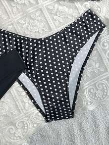 SHEIN 4pcs/Set Teen Girl Summer Beach Vacation Polka Dot Pattern + Solid Black Camisole Bikini - Black - View 4