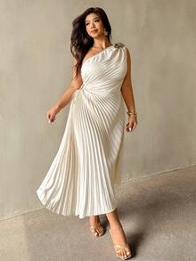 Auralis Damen Weißes Sommer Elegantes Hochzeitsgast Urlaubs Plissee Kleid, Ein-Schulter Ausgeschnittene Taille Metall Schnalle Asymmetrischer Saum Luxus Party Kleid - Aprikosenfarben - Übersicht 3