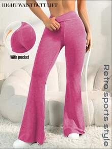 SHEIN Core Rhythm Damen High Waist Schlaghose mit Taschen, lässige Sporthose für Training, Laufen, Fitness, Pendeln, Po-Lifting (zufälliger Sandgestrahlter Effekt) - Heißes Pink - Übersicht 1