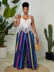 Maweii Pantalones anchos de rayas coloridas para mujer de talla grande, para uso casual, diario y de vacaciones, para primavera/verano - Multicolor - Ver 5
