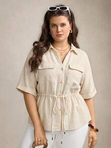 Comfylo Plus Size Women Drawstring Waist Short Sleeve Utility Pocket Loose Shirt - Apricot - View 8