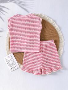 SHEIN Playful Pals 女童（小号）粉色提花针织无袖上衣和短裤套装，夏季休闲简约日常穿搭 - 粉色 - 查看 2